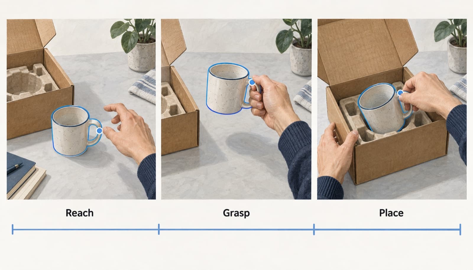 Three illustrated first-person frames show a hand reaching for, grasping, and placing a mug, with action boundaries on a timeline.