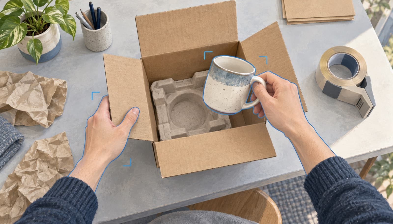First-person illustration of two hands packing a ceramic mug into a cardboard box, with subtle annotation outlines.